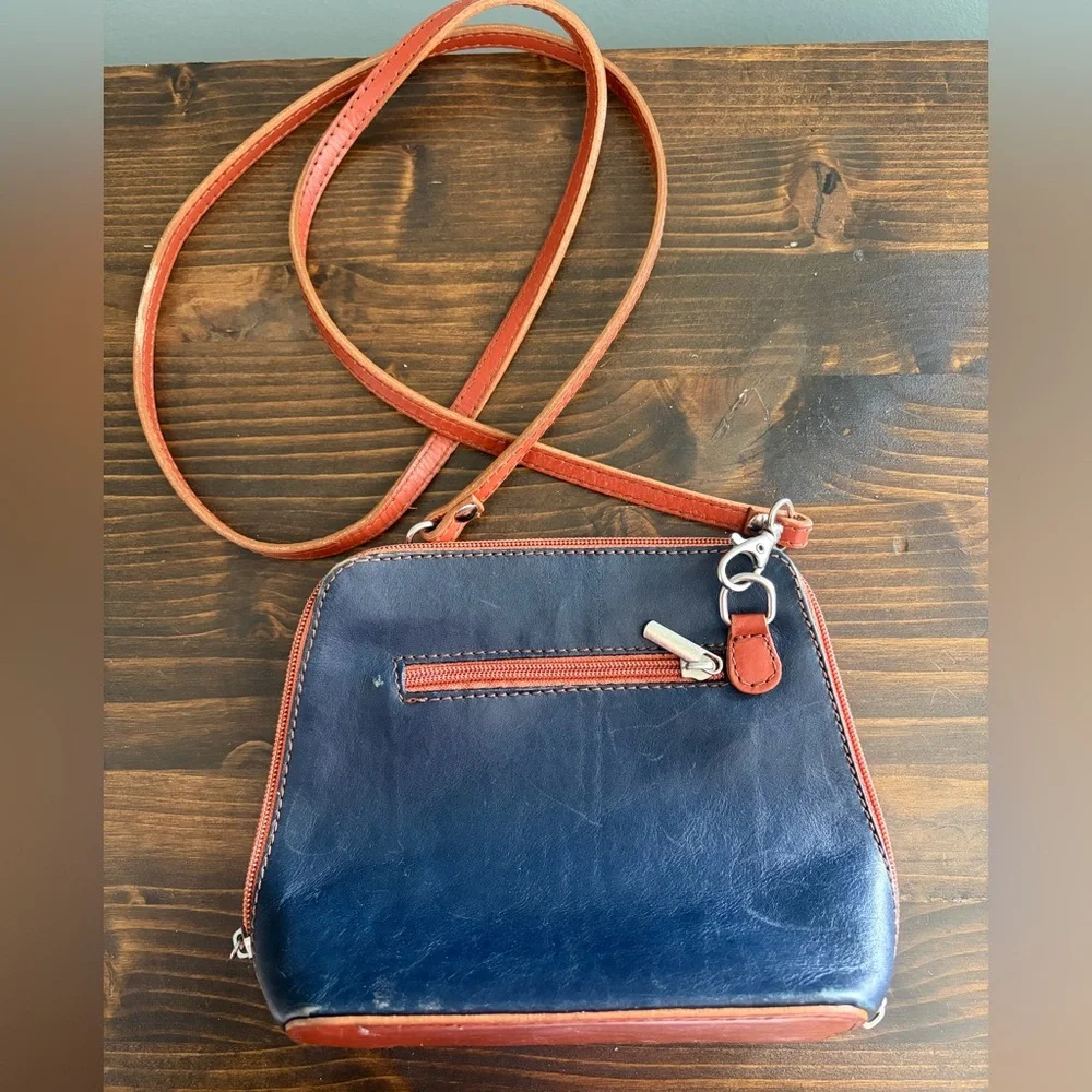 Florence Made in Italy Navy & Brown Leather Crossbody with Silver Tone Hardware